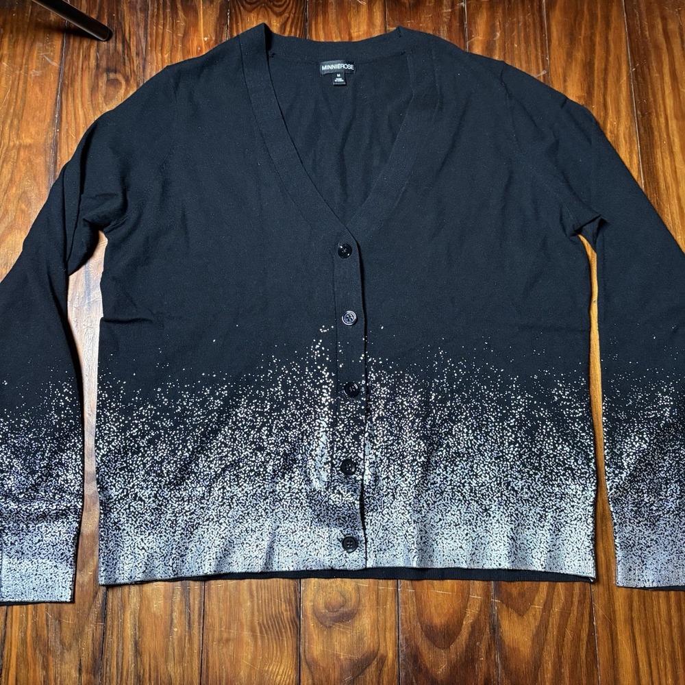 Minnie Rose Black Silver Foil Ombre Cardigan Sweater Sz M A3553